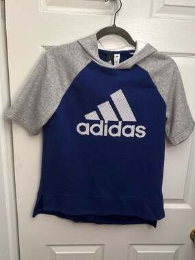 adidas Women's Logo Short Sleeve Fleece Lined Hoodie Blue/Gray